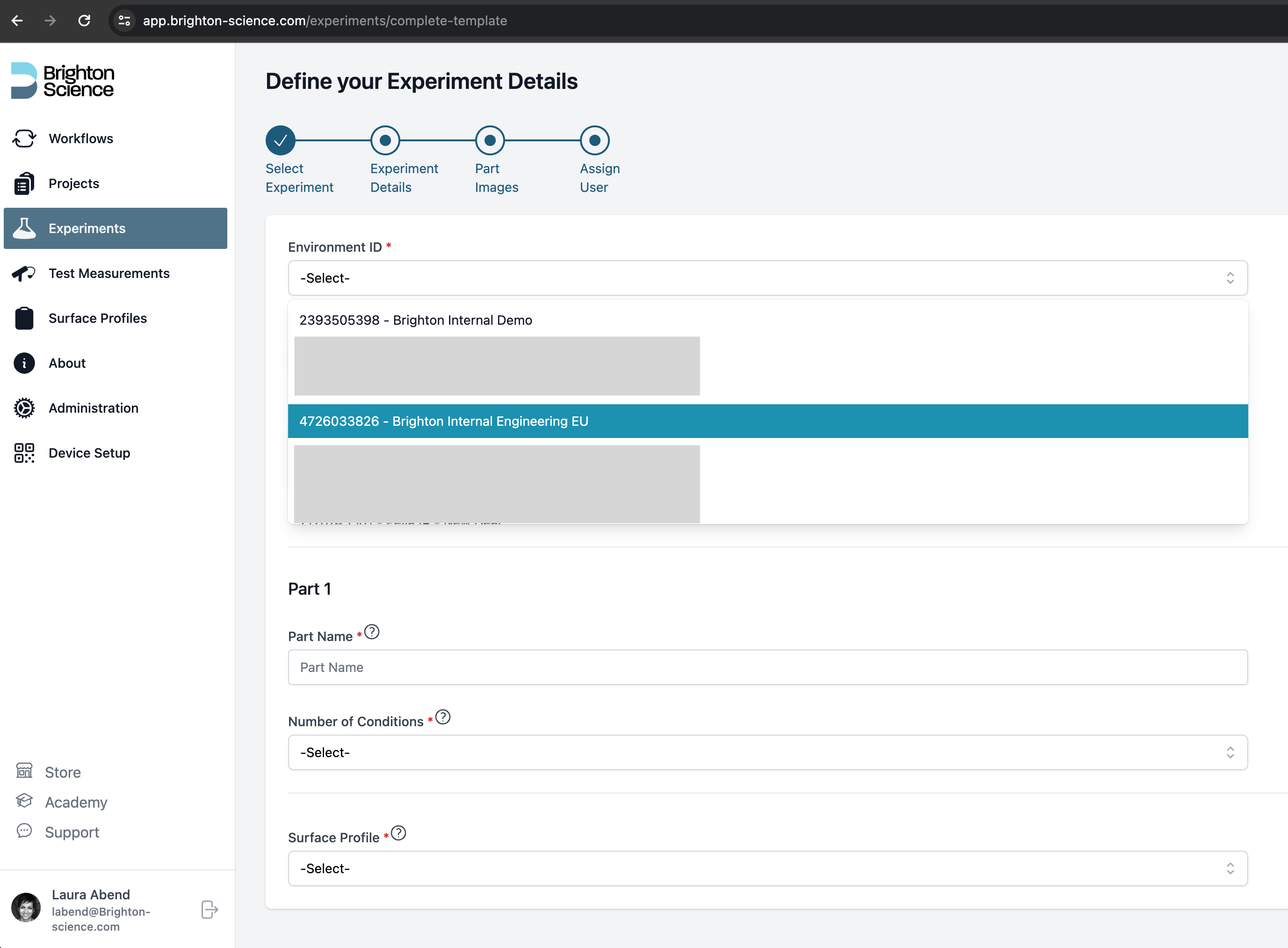 BConnect web app experiment details view with selection highlighted in environment id dropdown