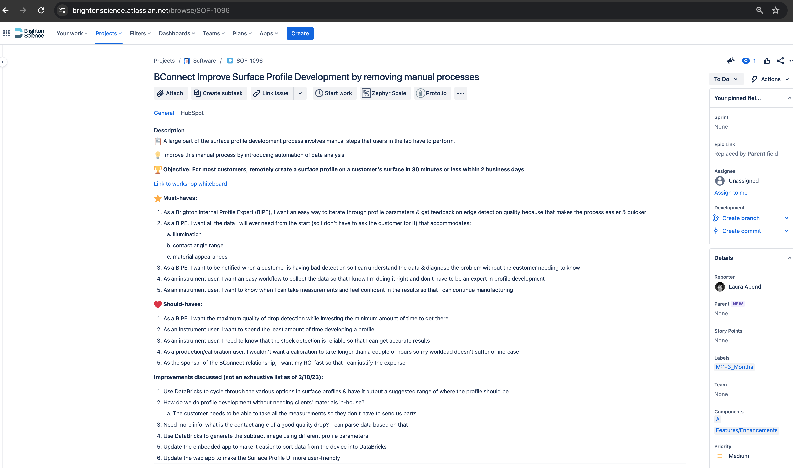 Jira Initiative outlining the details of Surface Profile Development Project