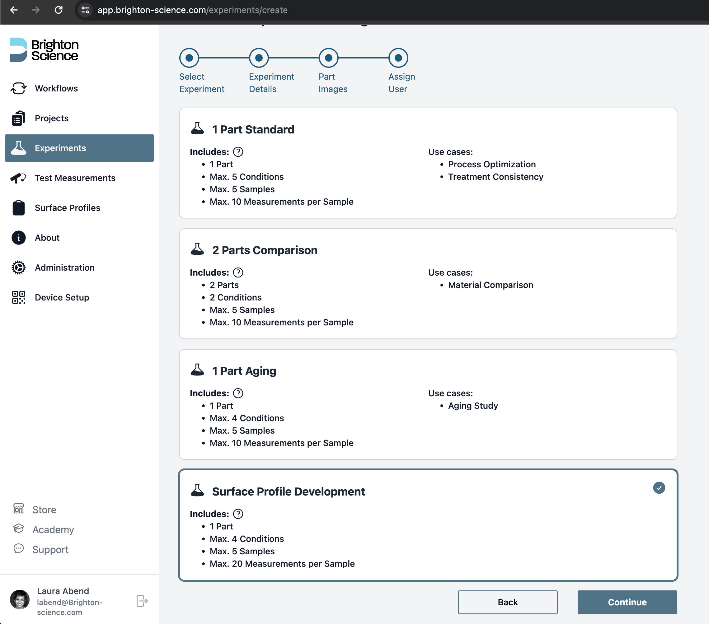 BConnect web app experiment template selection view with surface profile development selected