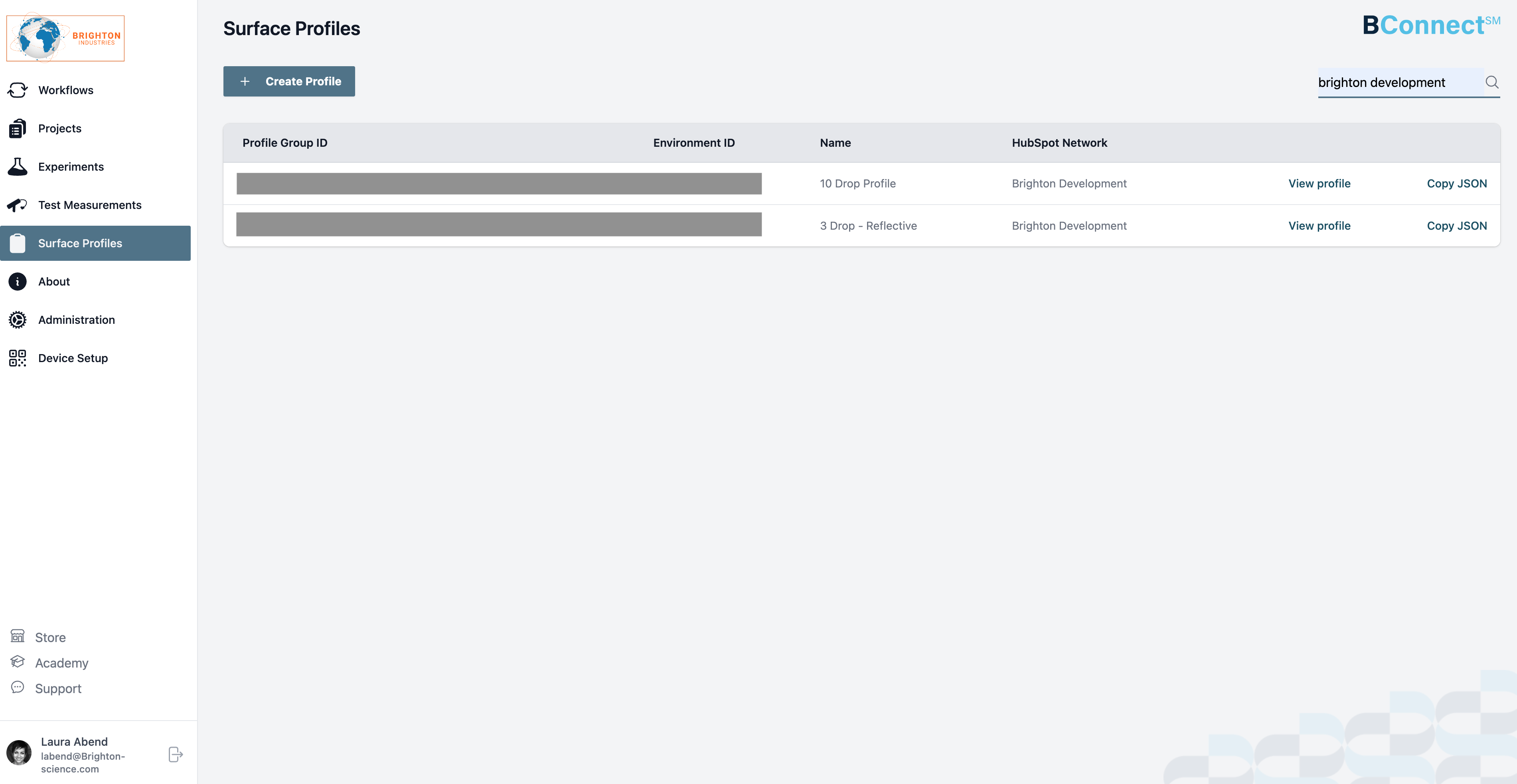 Surface Profile List View search results displays 2 profiles in a list with 2 columns redacted